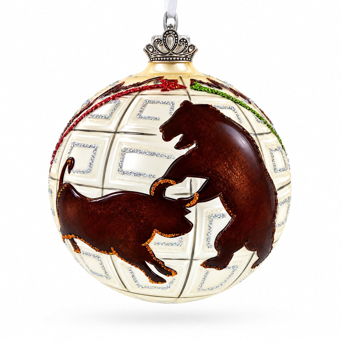 Bull and Bear Stock Market Glass Ball Christmas Ornament 3.25 Inches