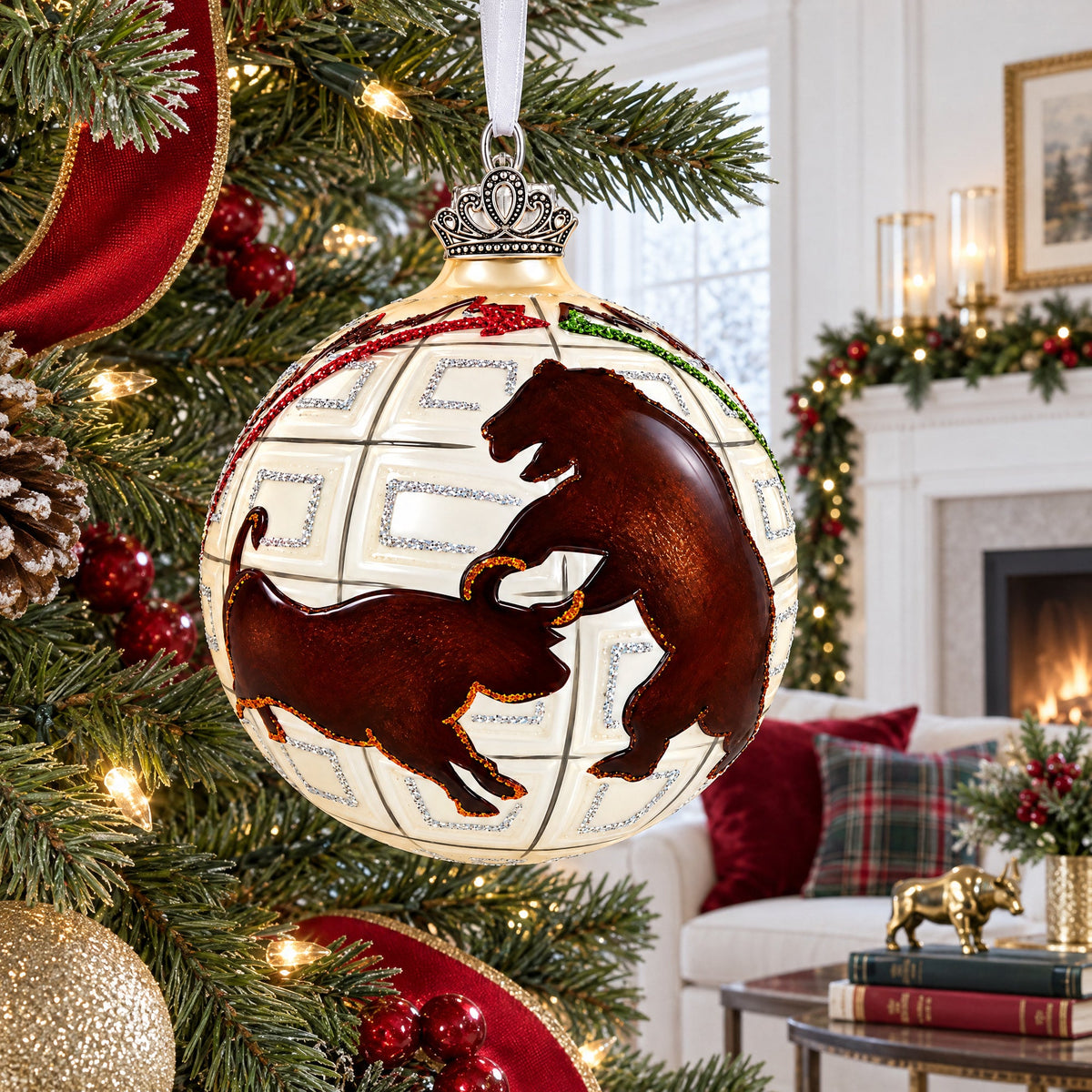 Bull and Bear Stock Market Glass Ball Christmas Ornament 3.25 Inches