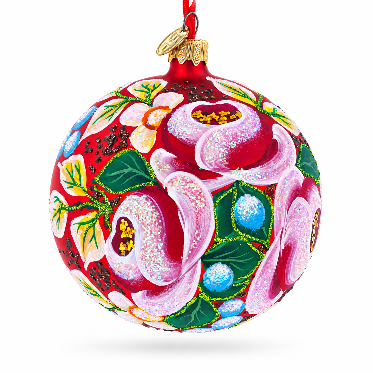 Roses Bouquet Glass Ball Christmas Ornament 4 Inches