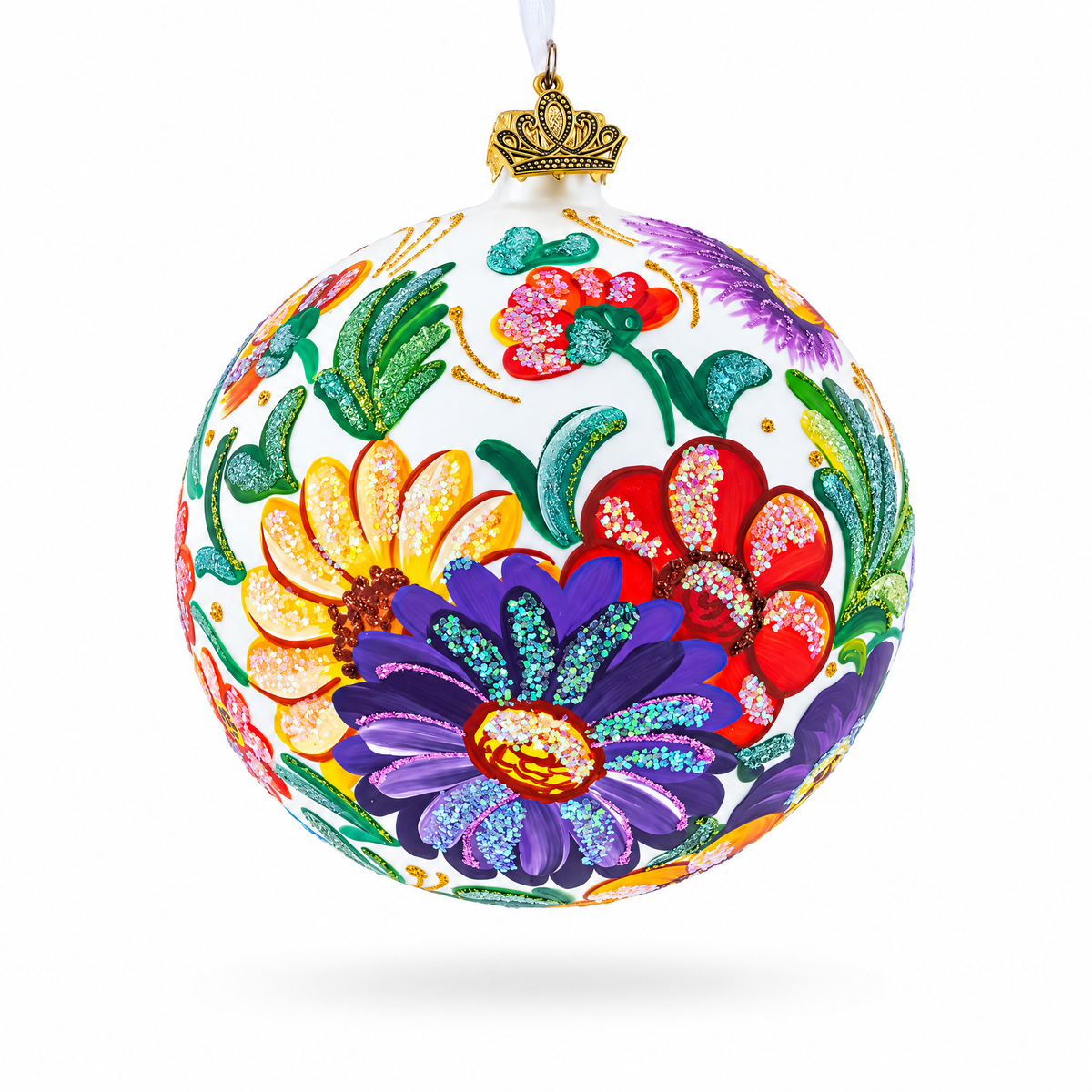 Ukrainian Petrykivka Floral Painting Glass Ball Christmas Ornament 4 Inches