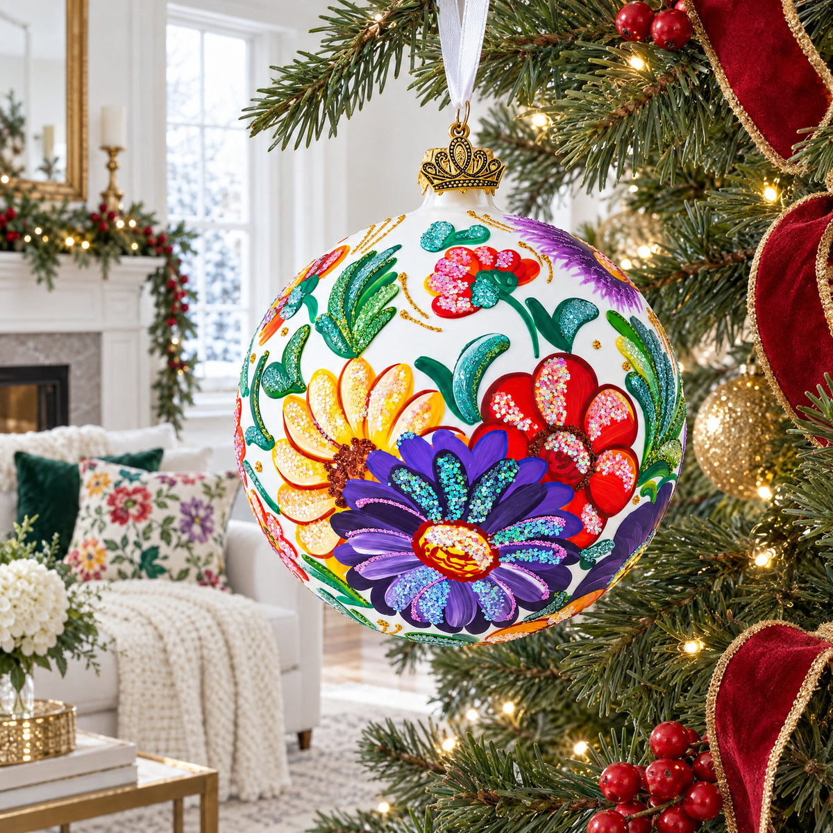 Ukrainian Petrykivka Floral Painting Glass Ball Christmas Ornament 4 Inches