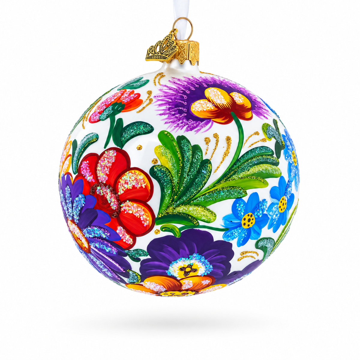 Ukrainian Petrykivka Floral Painting Glass Ball Christmas Ornament 4 Inches