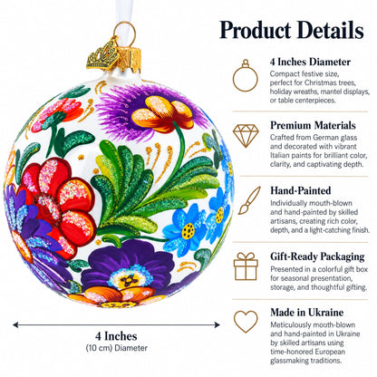 Ukrainian Petrykivka Floral Painting Glass Ball Christmas Ornament 4 Inches