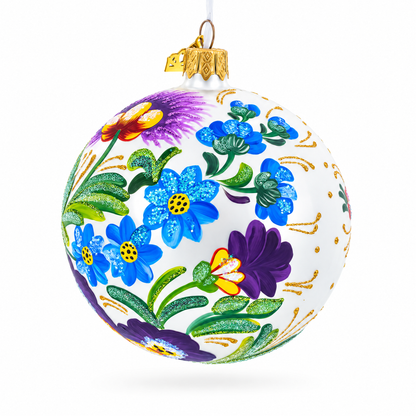 Ukrainian Petrykivka Floral Painting Glass Ball Christmas Ornament 4 Inches