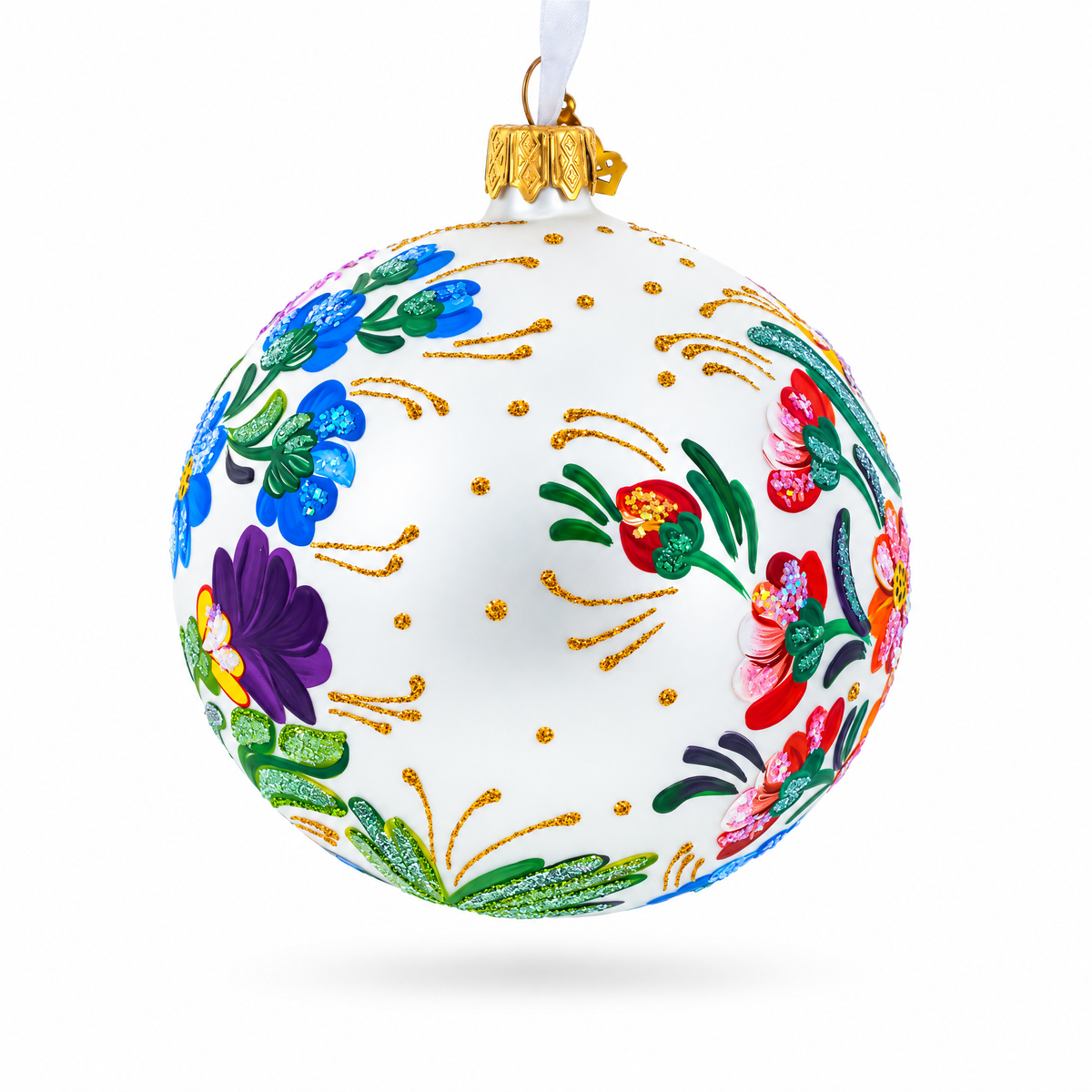 Ukrainian Petrykivka Floral Painting Glass Ball Christmas Ornament 4 Inches