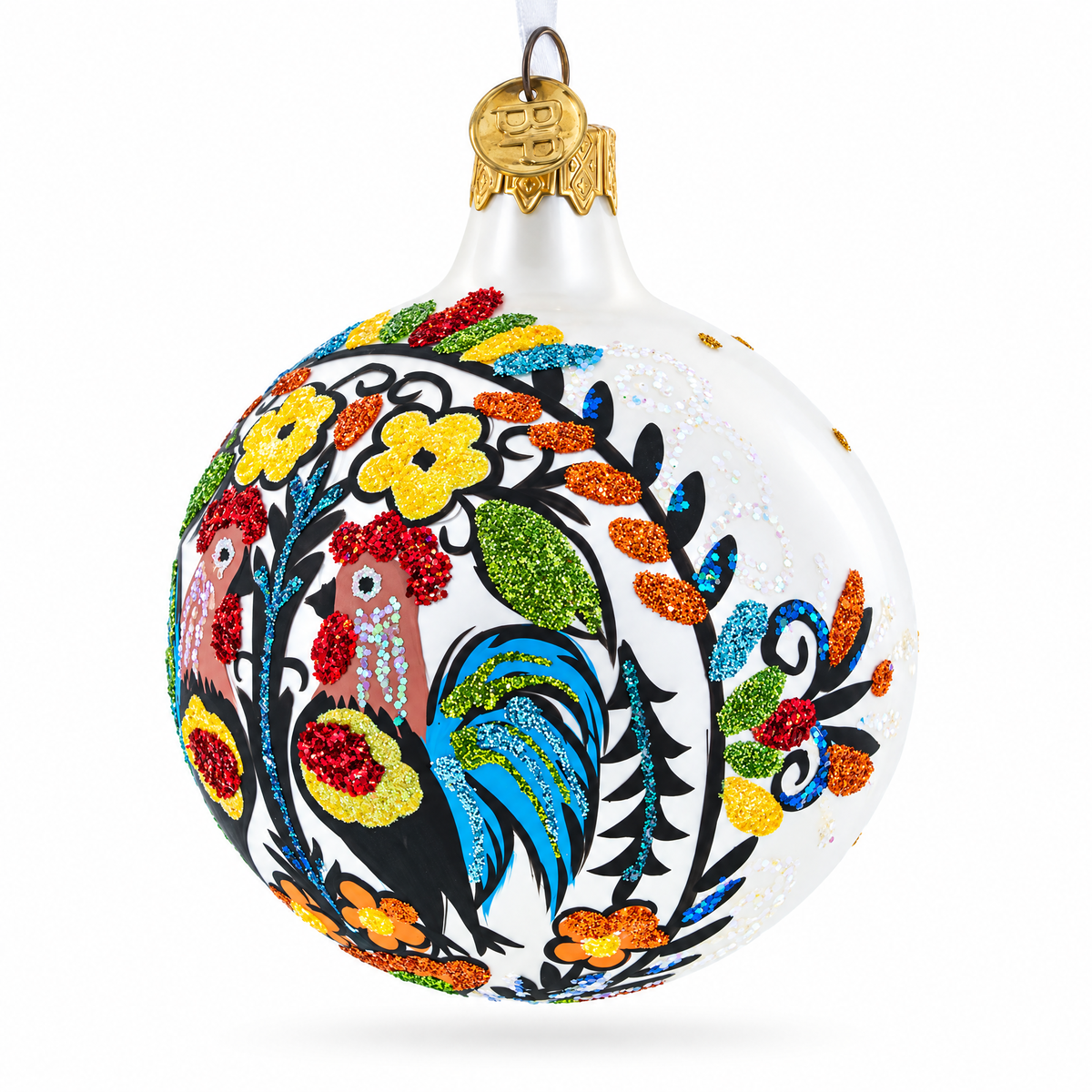 Ukrainian Petrykivka Painting Glass Ball Christmas Ornament 4 Inches