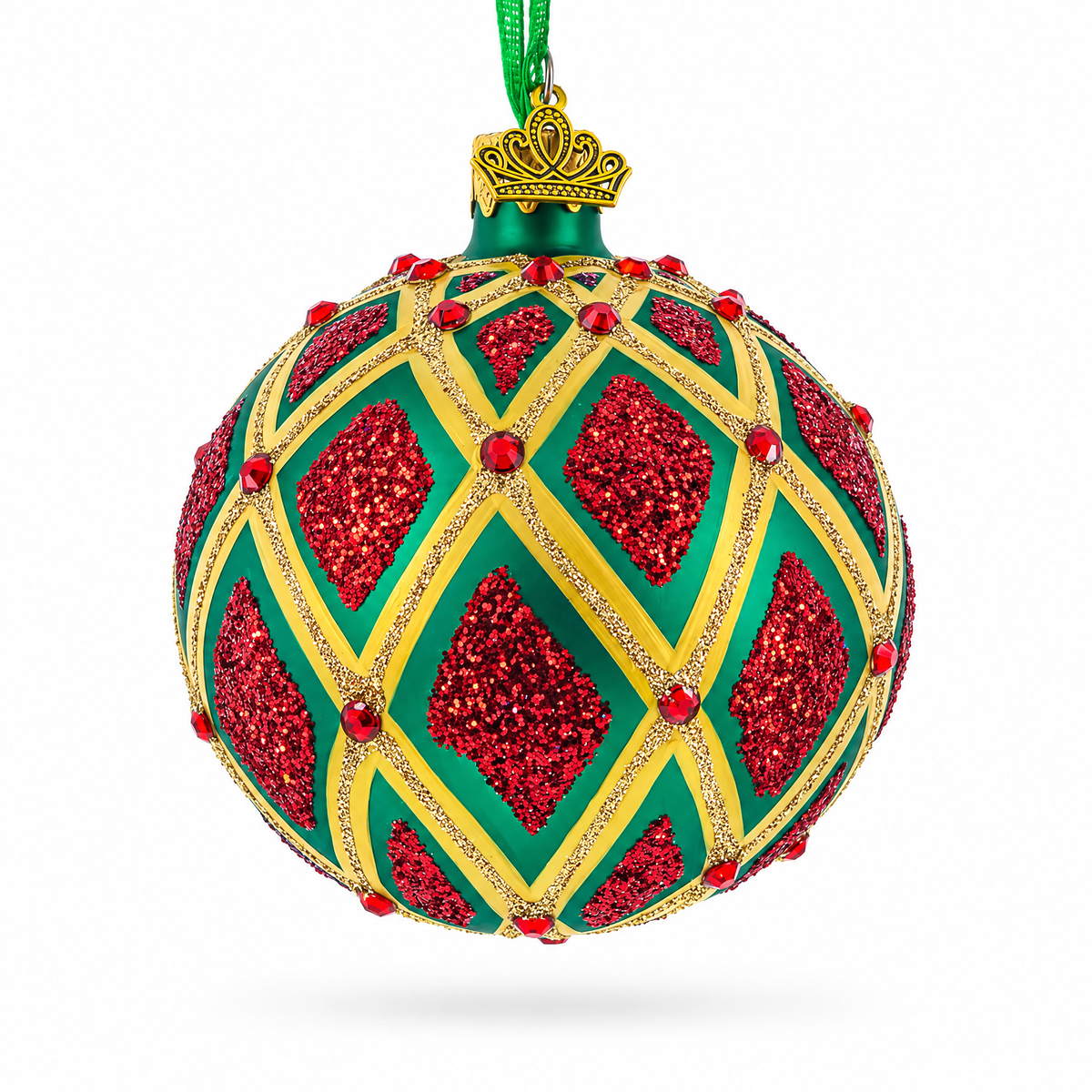 Glittered Red IKAT on Green Glass Ball Christmas Ornament 3.25 Inches