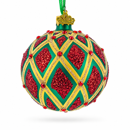 Glittered Red IKAT on Green Glass Ball Christmas Ornament 3.25 Inches