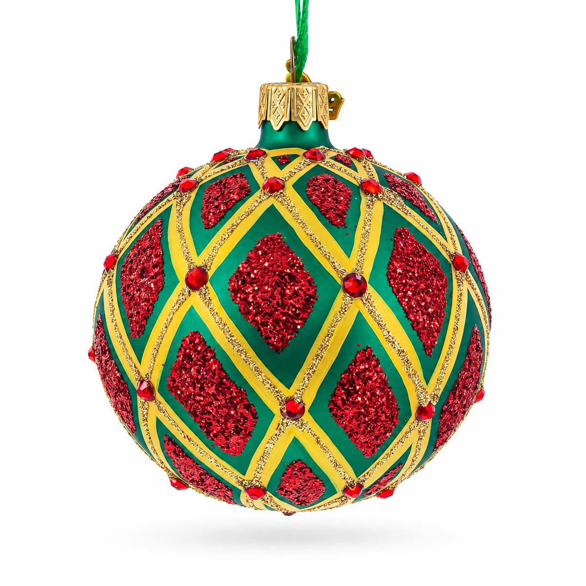 Glittered Red IKAT on Green Glass Ball Christmas Ornament 3.25 Inches