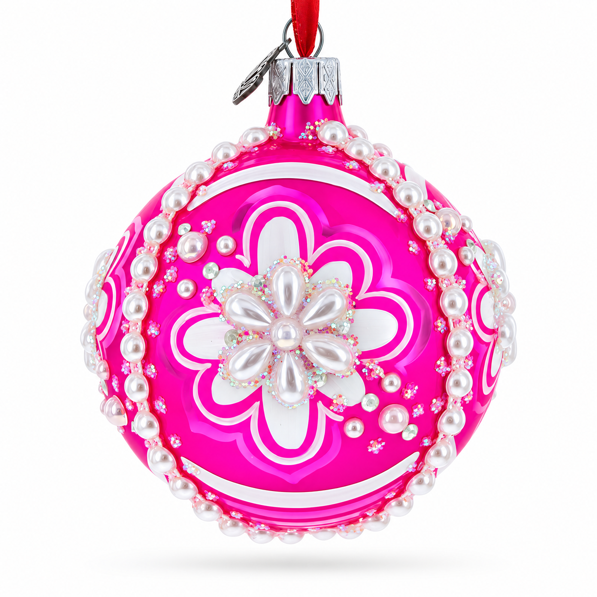 Jeweled Pearl Flowers on Pink Glass Ball Christmas Ornament 3.25 Inches