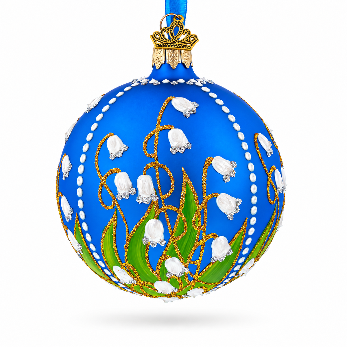 Lilies of the Valley on Blue Glass Ball Christmas Ornament 3.25 Inches