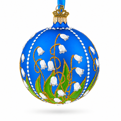 Lilies of the Valley on Blue Glass Ball Christmas Ornament 3.25 Inches