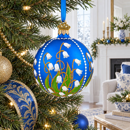 Lilies of the Valley on Blue Glass Ball Christmas Ornament 3.25 Inches