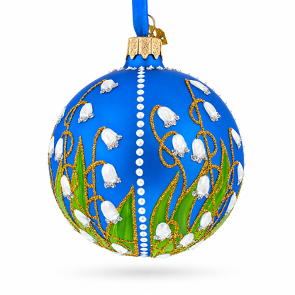 Lilies of the Valley on Blue Glass Ball Christmas Ornament 3.25 Inches