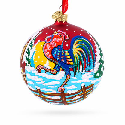 Rooster in the Winter Village Glass Ball Christmas Ornament 4 Inches