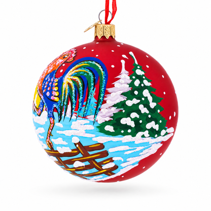 Rooster in the Winter Village Glass Ball Christmas Ornament 4 Inches
