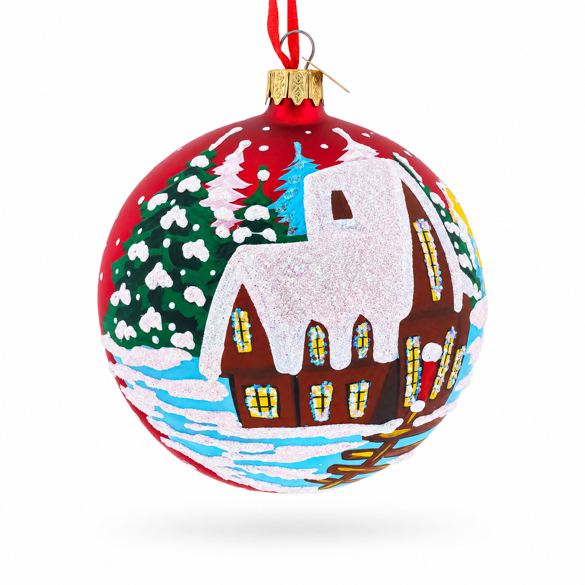 Rooster in the Winter Village Glass Ball Christmas Ornament 4 Inches