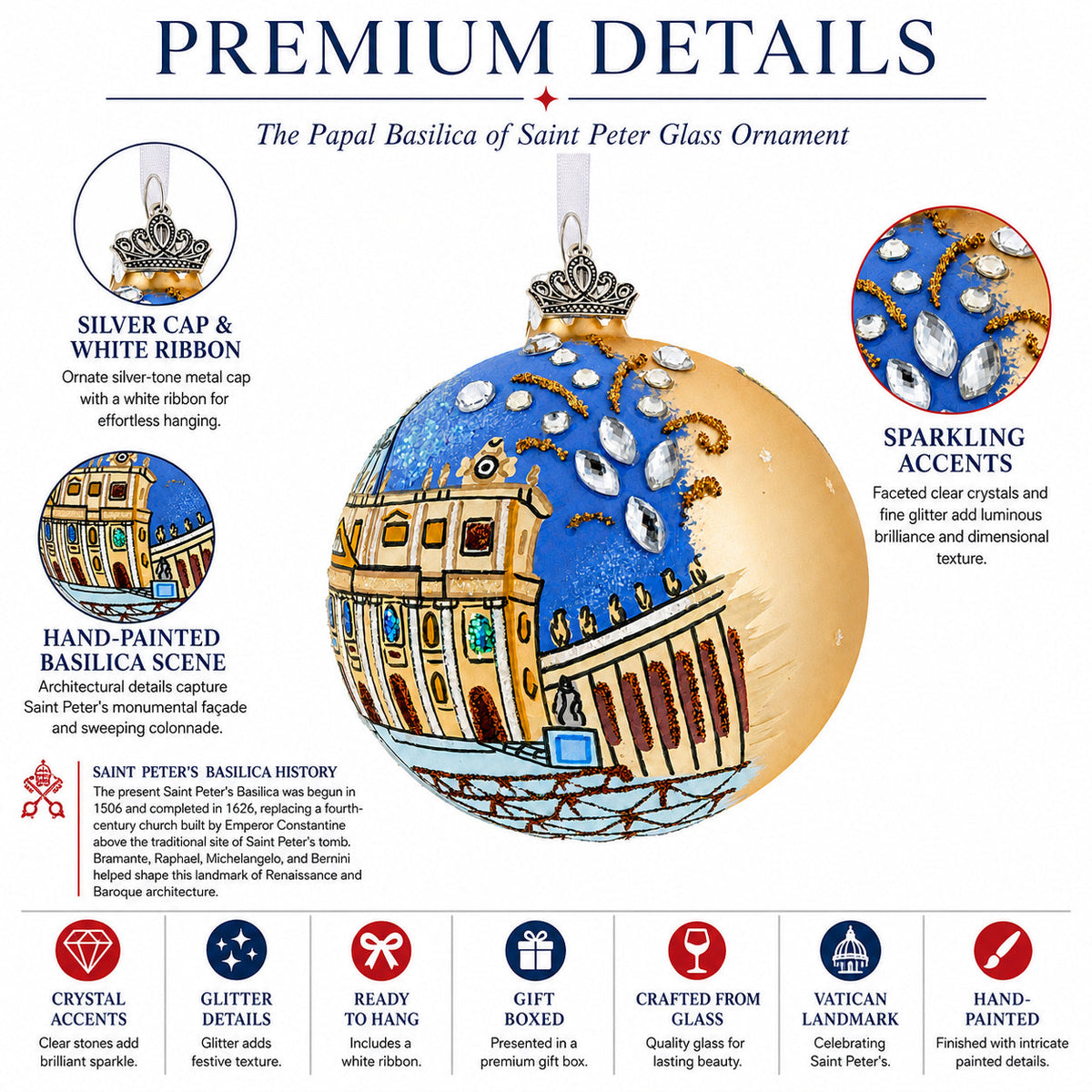 The Papal Basilica of Saint Peter, Vatican Glass Ball Christmas Ornament 3.25 Inches