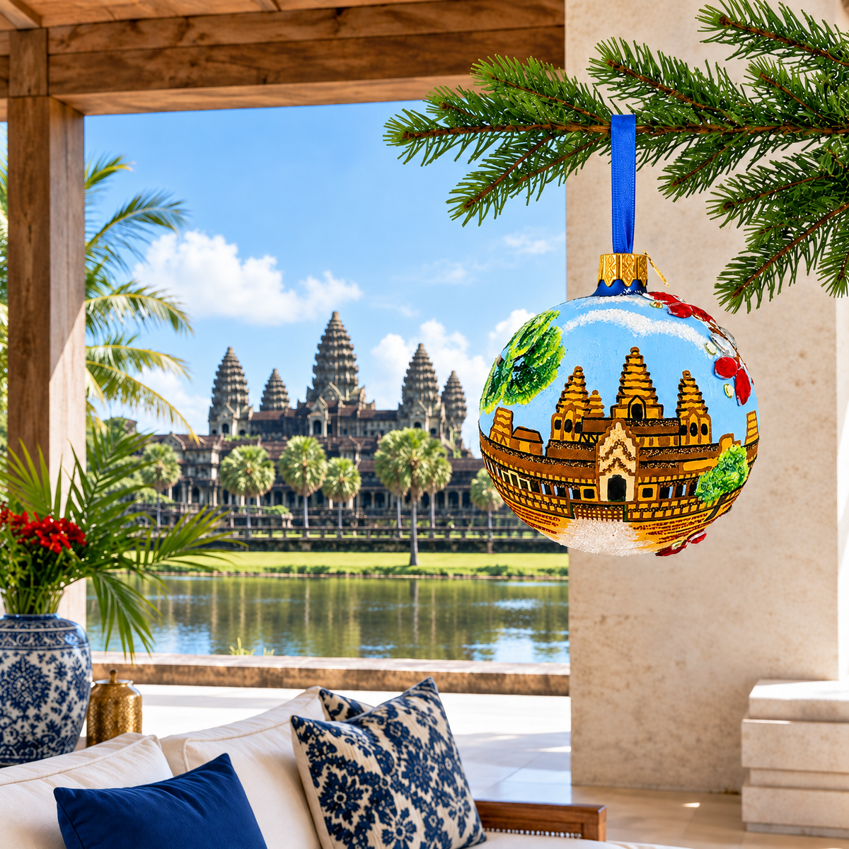 Angkor Wat Temple, Cambodia Glass Ball Christmas Ornament 3.25 Inches