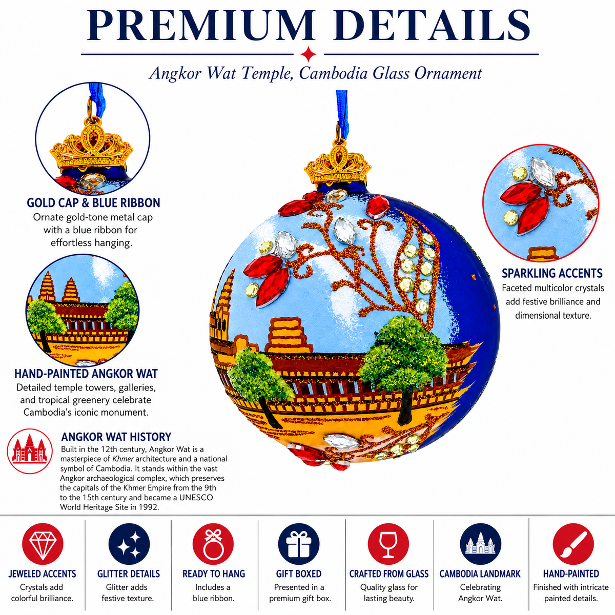 Angkor Wat Temple, Cambodia Glass Ball Christmas Ornament 3.25 Inches