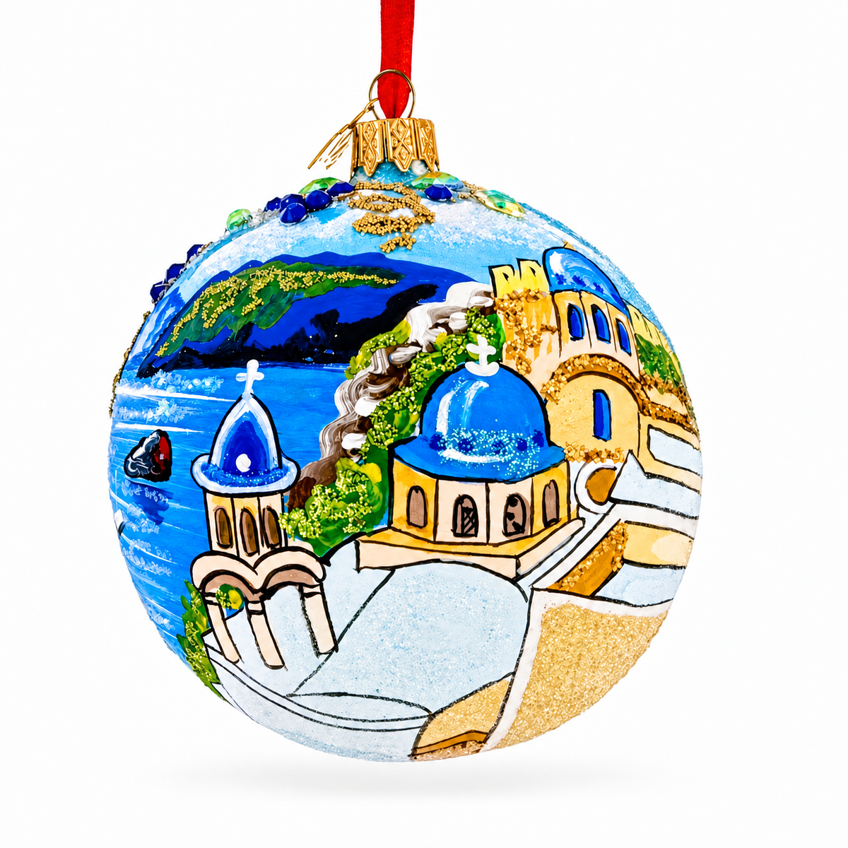 Santorini, Thira Island, Greece Glass Ball Christmas Ornament 4 Inches