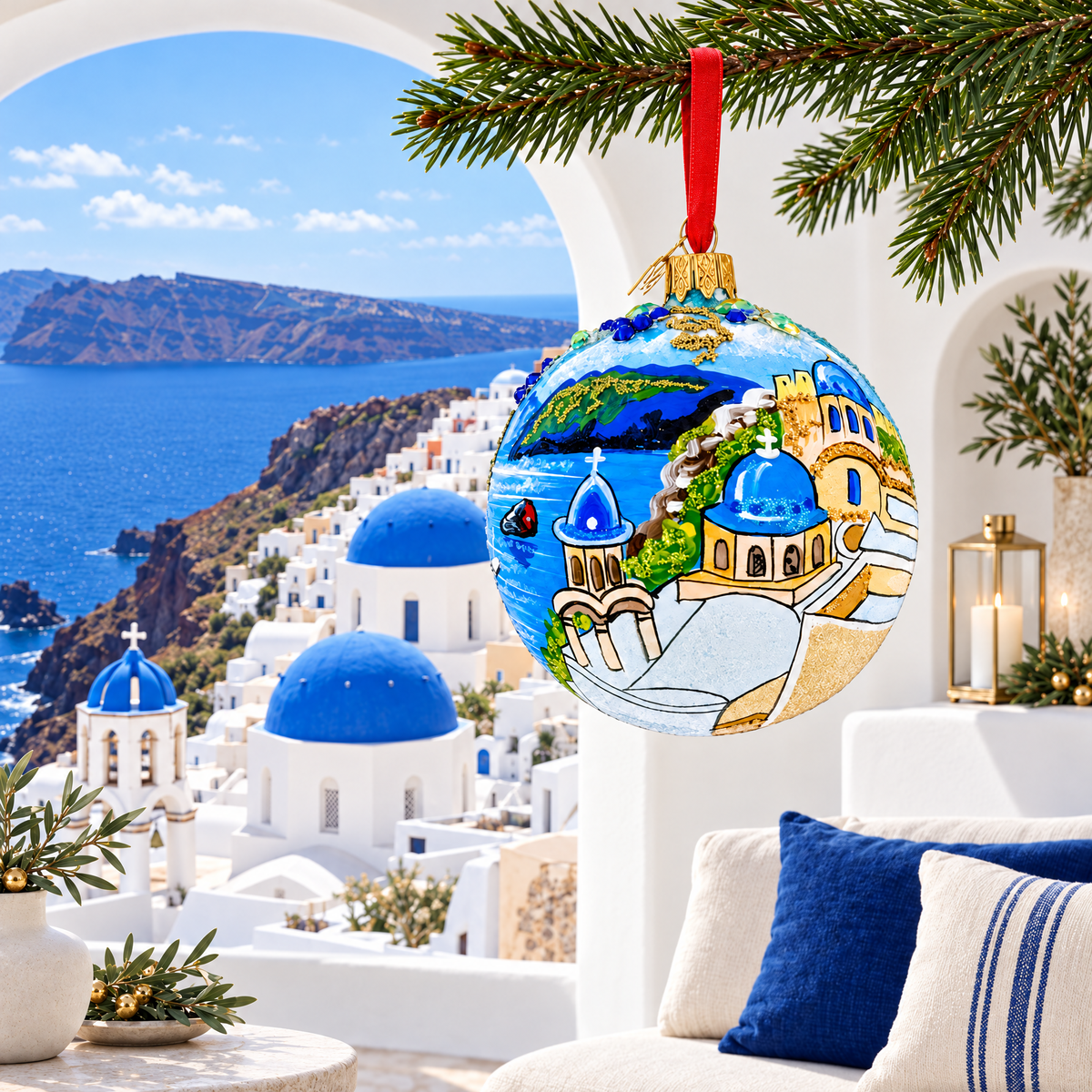 Santorini, Thira Island, Greece Glass Ball Christmas Ornament 4 Inches