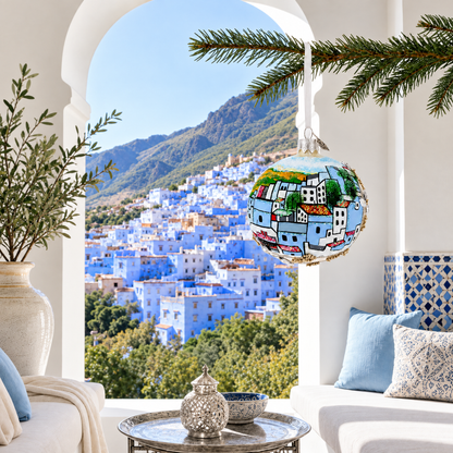 Blue City Chefchaouen, Morocco Glass Ball Christmas Ornament 3.25 Inches