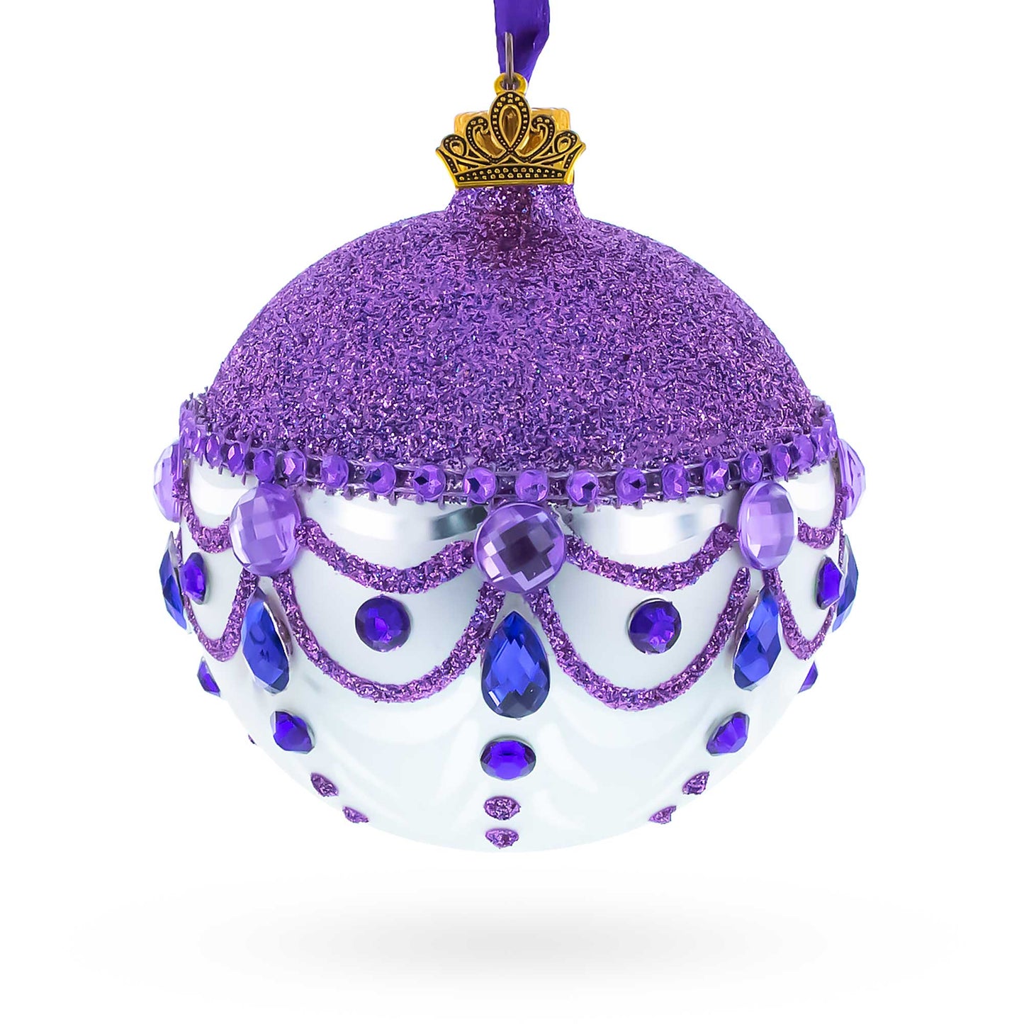 Glittered Purple Top Glass Ball Christmas Ornament 3.25 Inches