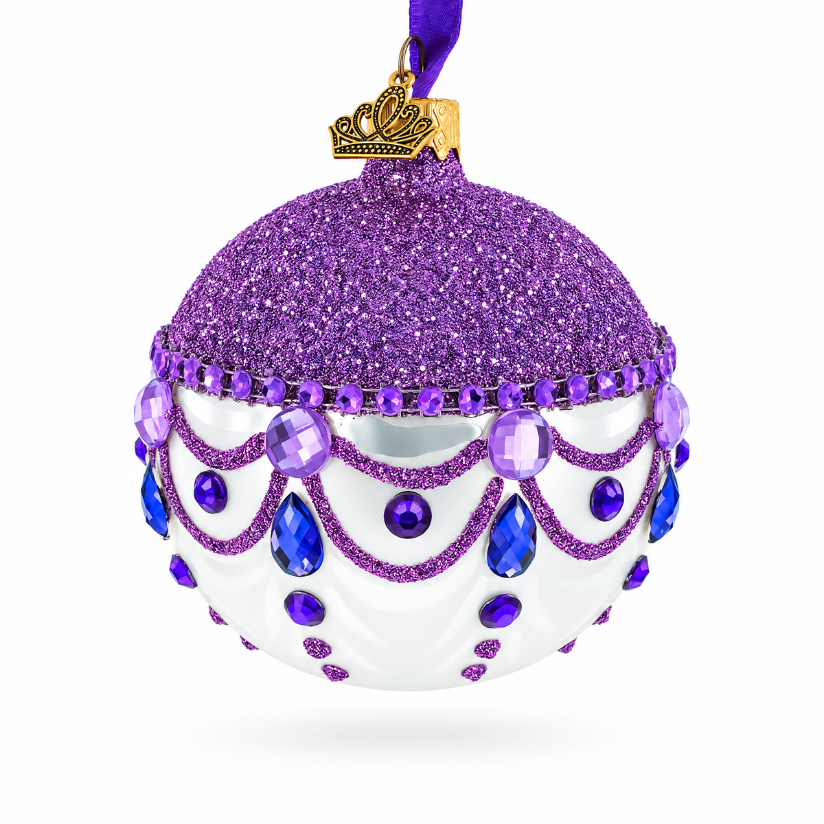 Glittered Purple Top Glass Ball Christmas Ornament 3.25 Inches