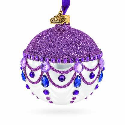 Glittered Purple Top Glass Ball Christmas Ornament 3.25 Inches