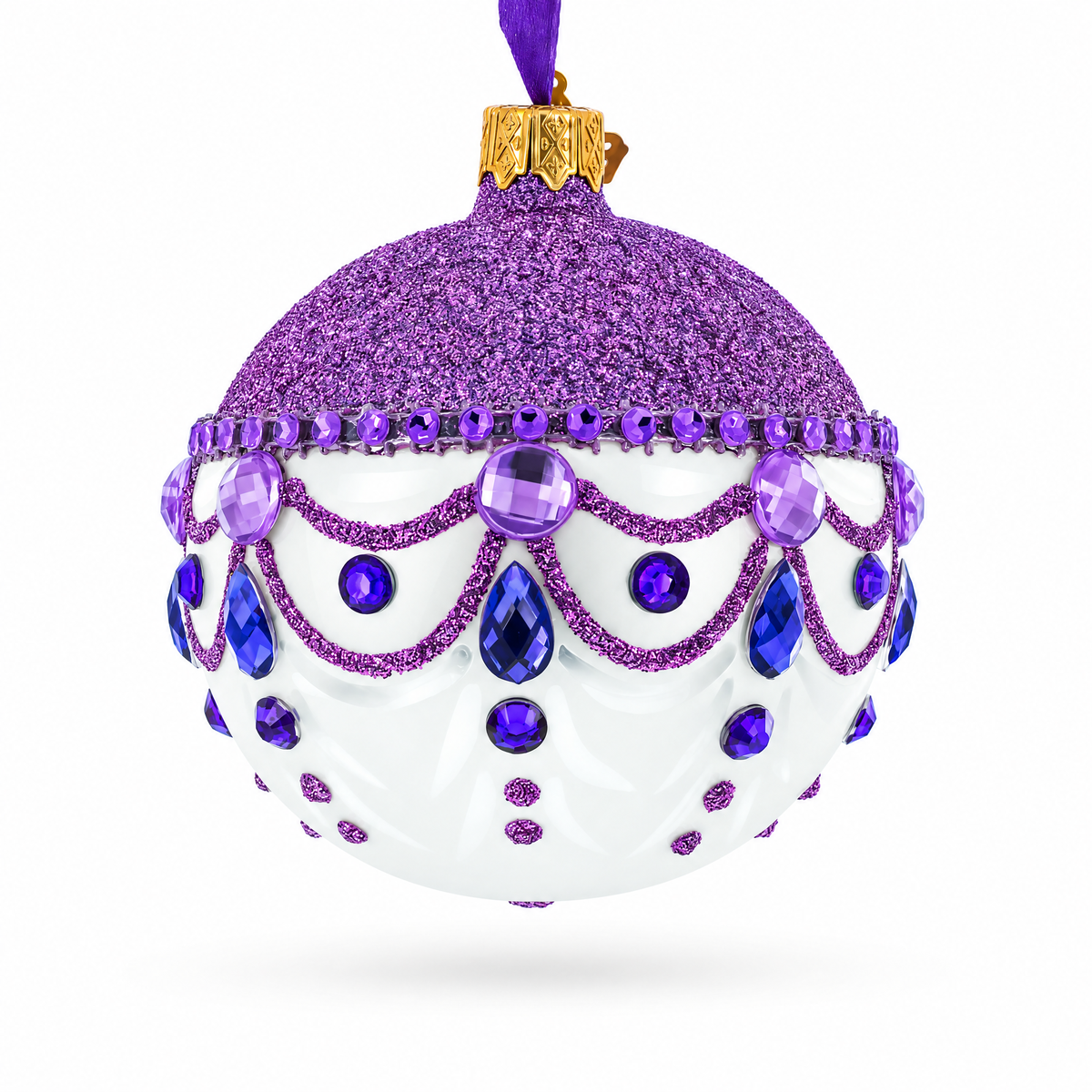 Glittered Purple Top Glass Ball Christmas Ornament 3.25 Inches