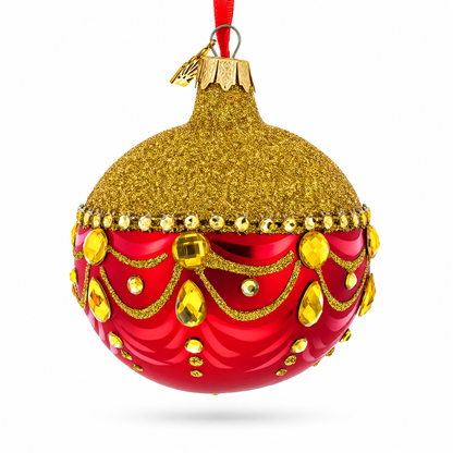 Glittered Golden Top Glass Ball Christmas Ornament 3.25 Inches