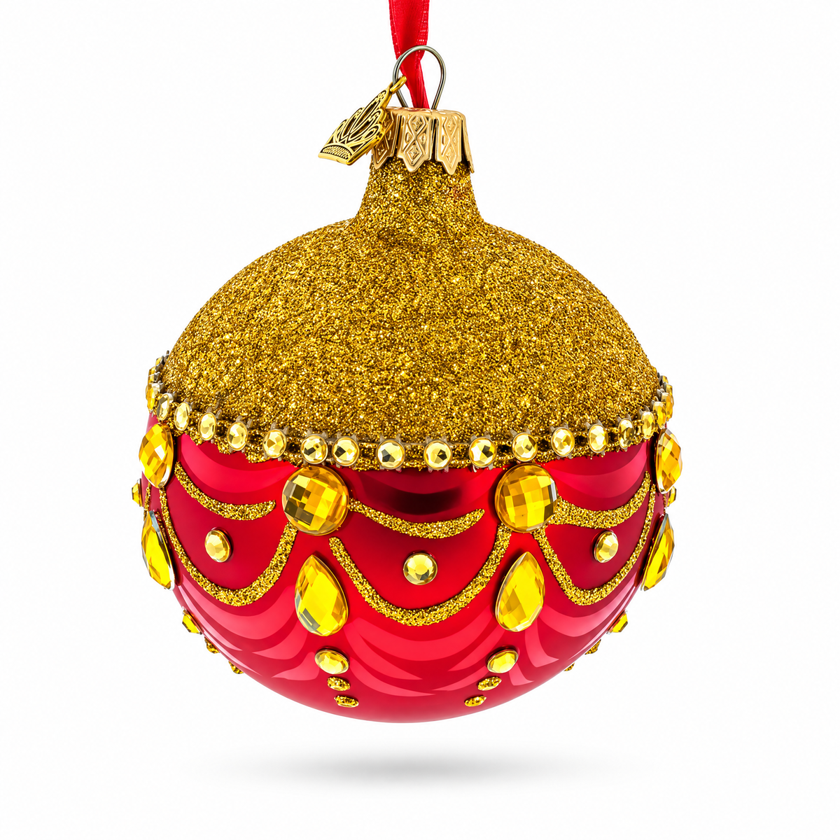 Glittered Golden Top Glass Ball Christmas Ornament 3.25 Inches