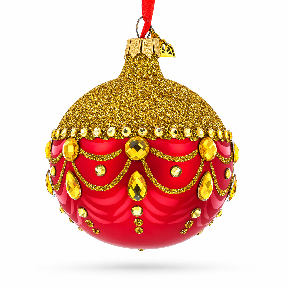 Glittered Golden Top Glass Ball Christmas Ornament 3.25 Inches
