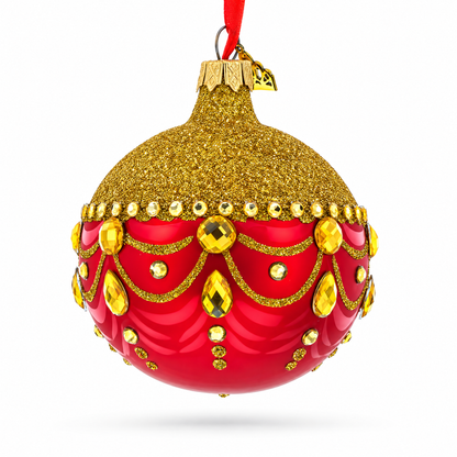 Glittered Golden Top Glass Ball Christmas Ornament 3.25 Inches