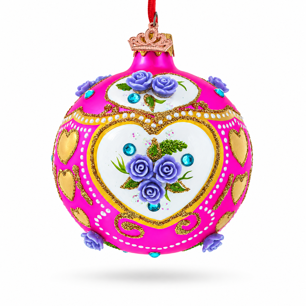 Roses on Pink Glass Ball Christmas Ornament 3.25 Inches