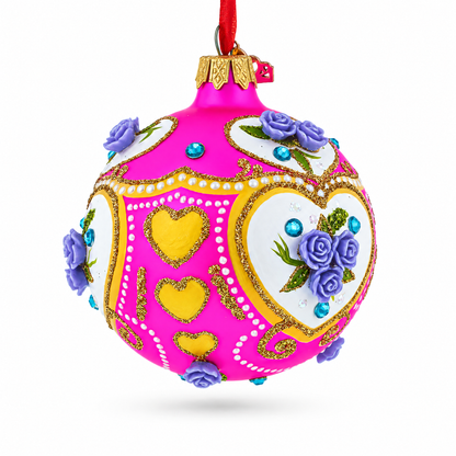 Roses on Pink Glass Ball Christmas Ornament 3.25 Inches