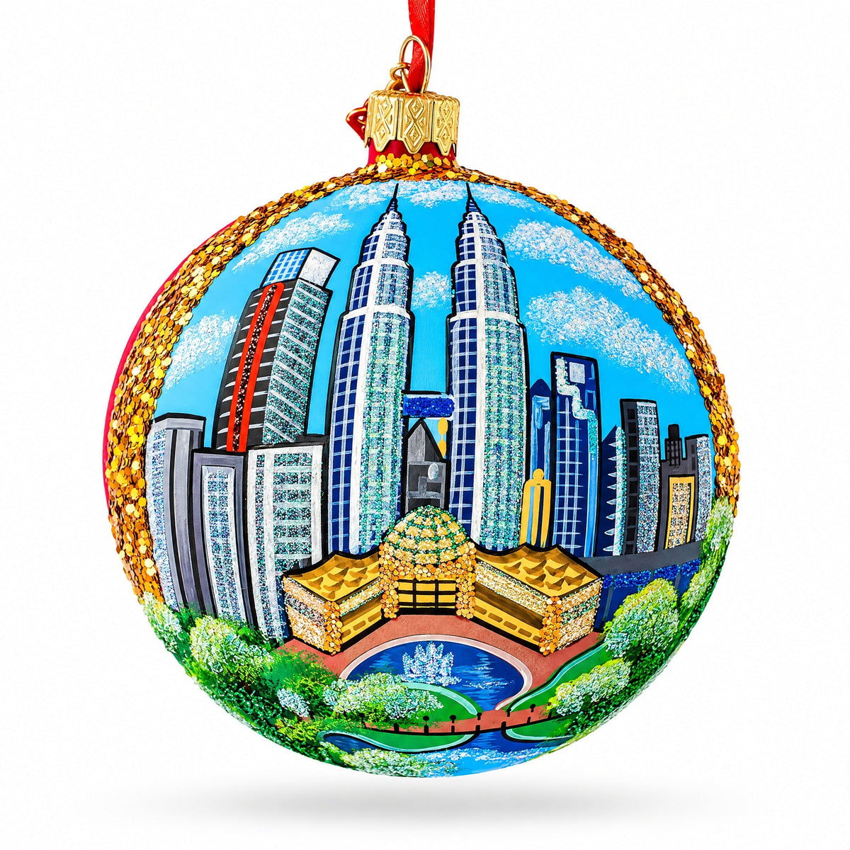 Petronas Twin Towers, Kuala Lumpur, Malaysia Glass Ball Christmas Ornament 4 Inches