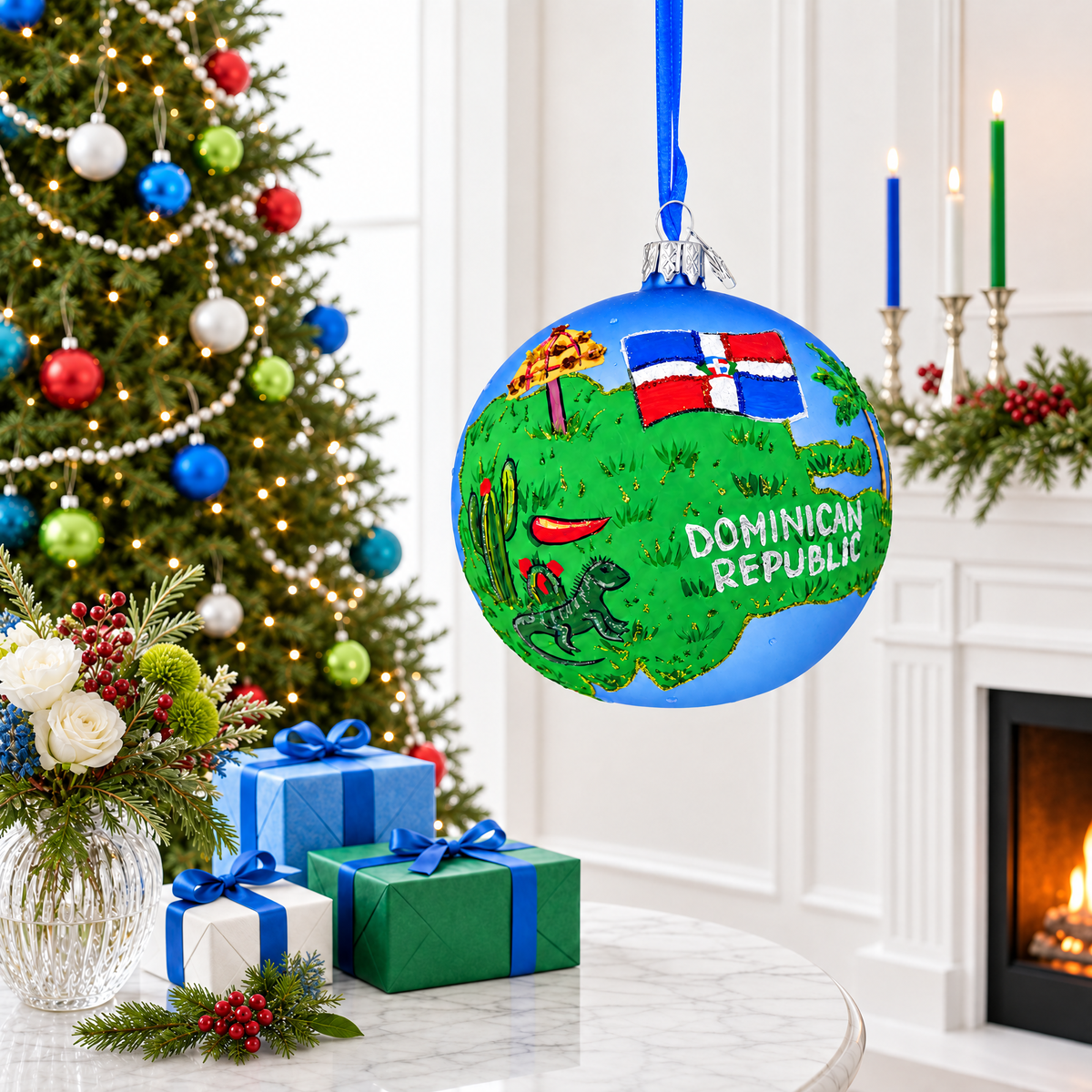 Dominican Republic Glass Ball Christmas Ornament 4 Inches