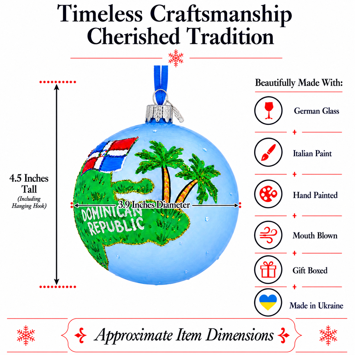 Dominican Republic Glass Ball Christmas Ornament 4 Inches