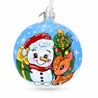 Snowman and Baby Deer First Christmas Glass Ball Christmas Ornament 4 Inches