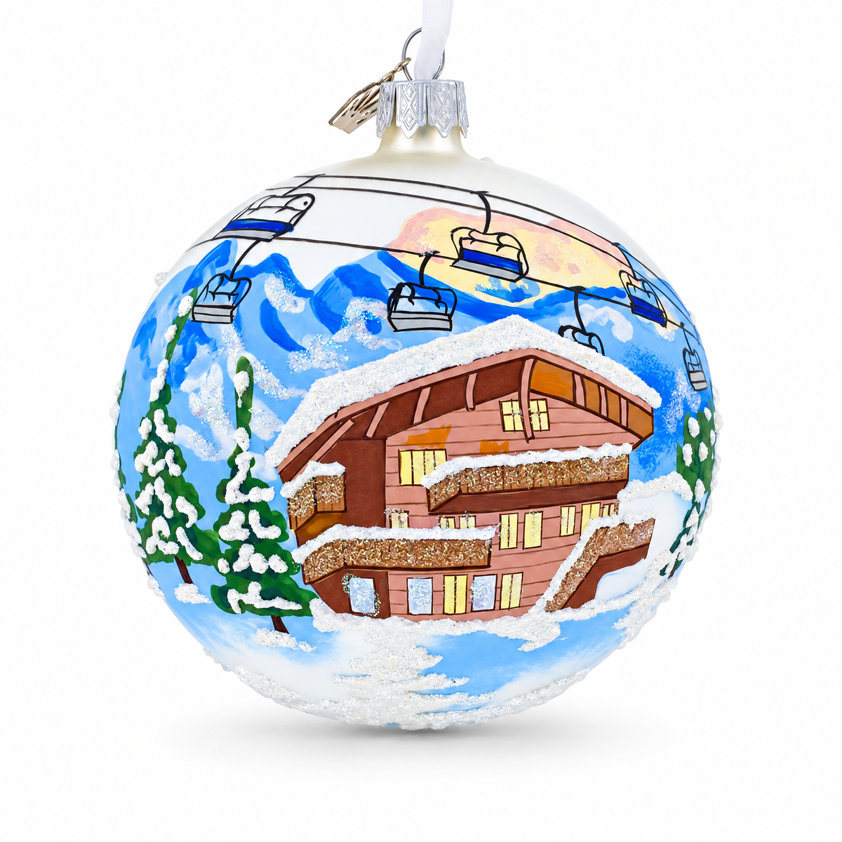 Chalet and Ski Lifts in the Mountains Glass Ball Christmas Ornament 4 Inches
