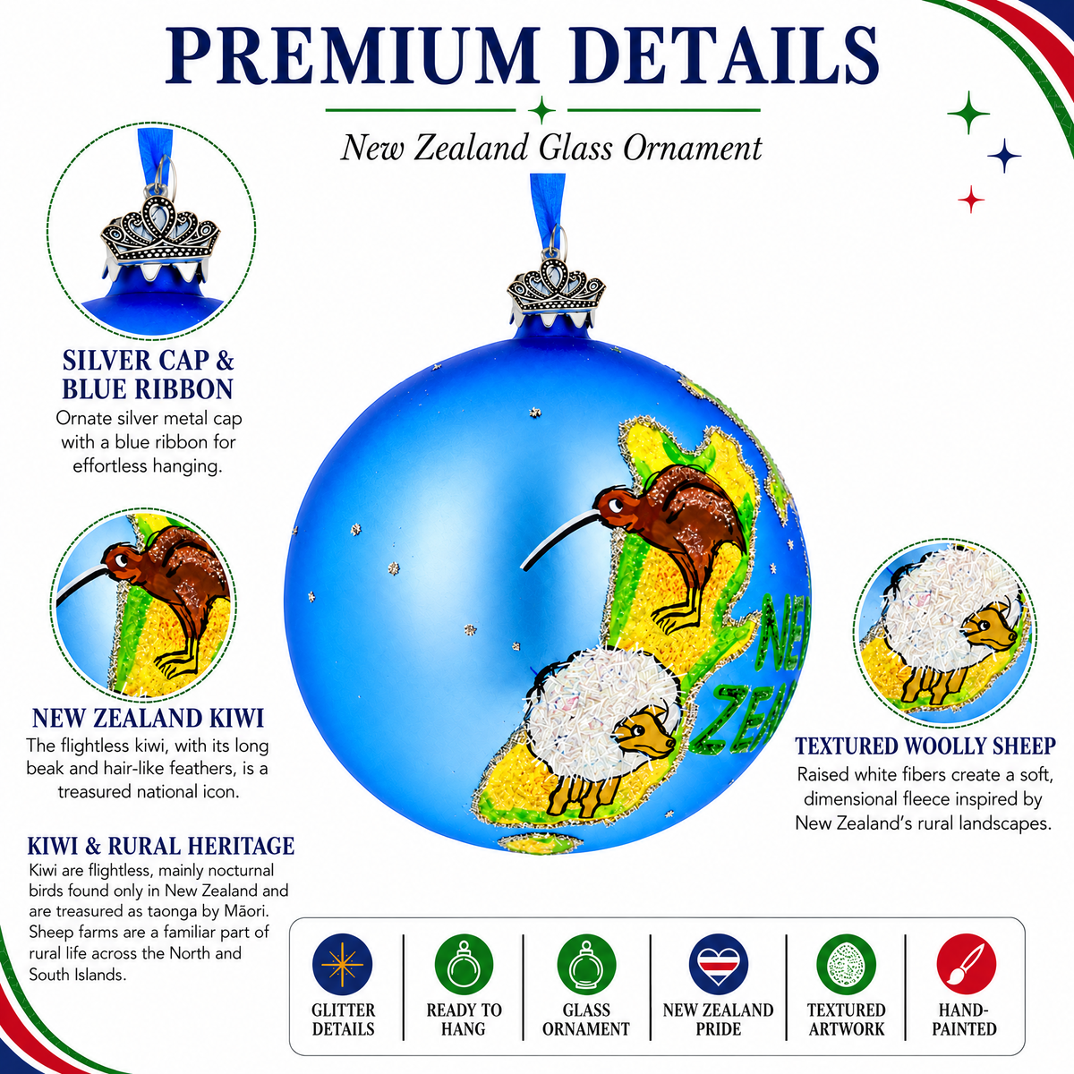 Travel to New Zealand Glass Ball Christmas Ornament 4 Inches