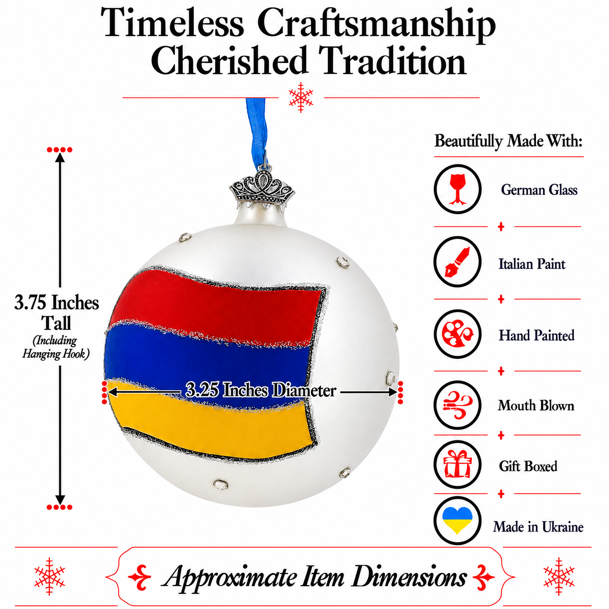 Flag of Armenia Glass Ball Christmas Ornament 3.25 Inches