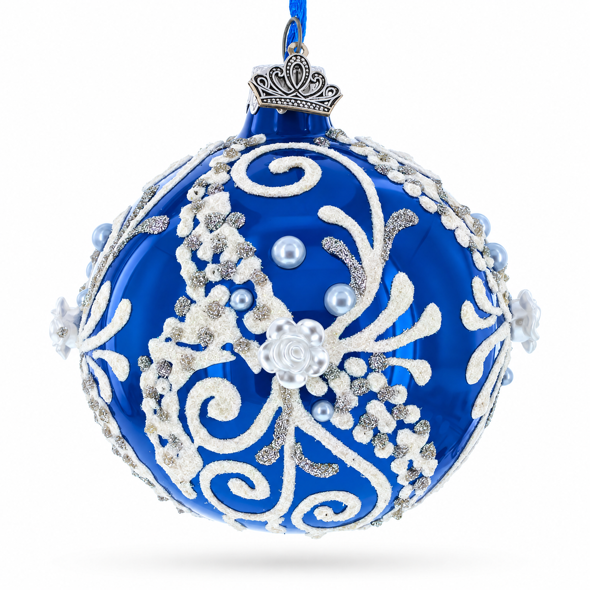 Snow Swirls on Blue Glass Ball Christmas Ornament 3.25 Inches