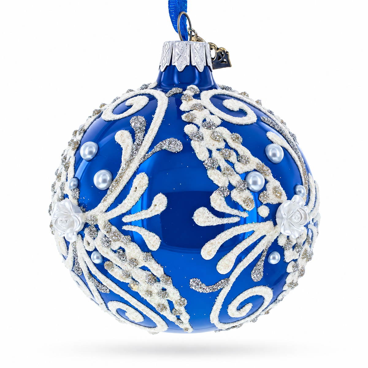 Snow Swirls on Blue Glass Ball Christmas Ornament 3.25 Inches