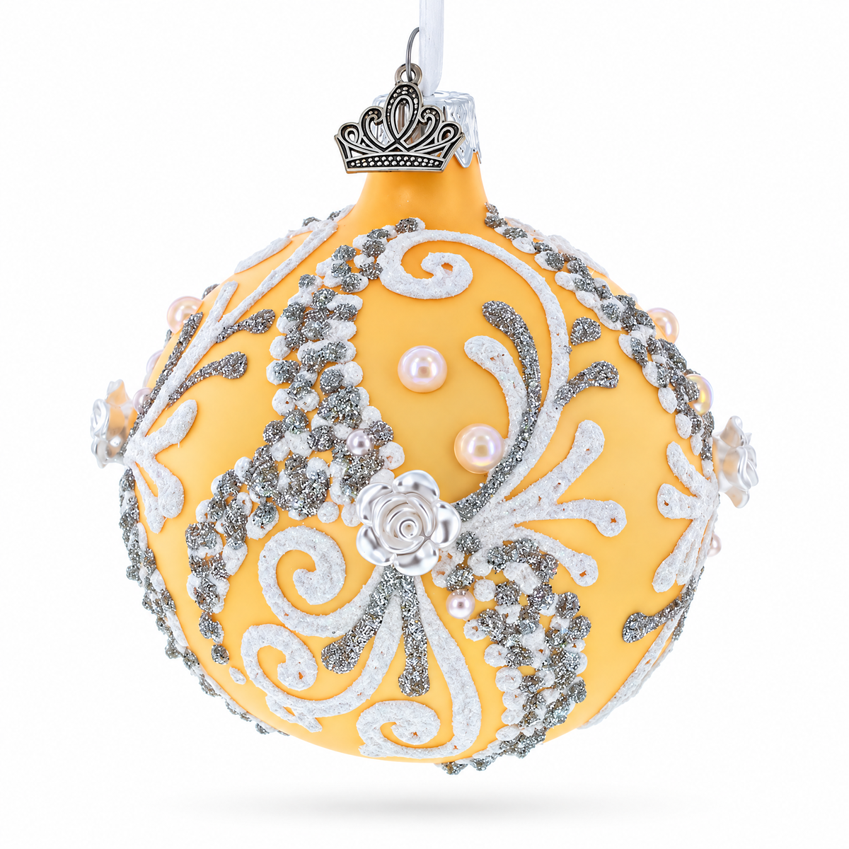 Snow Swirls on Ivory Glass Ball Christmas Ornament 3.25 Inches
