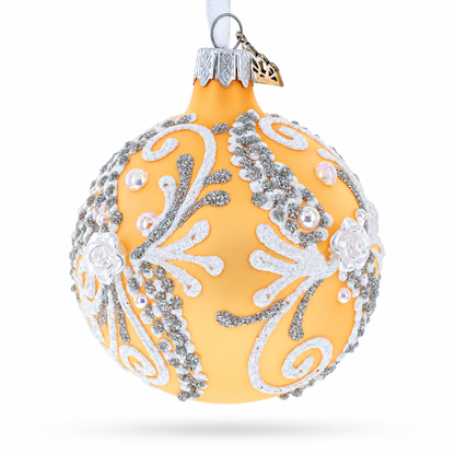 Snow Swirls on Ivory Glass Ball Christmas Ornament 3.25 Inches