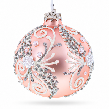 Snow Swirls on Metallic Rose Pink Glass Ball Christmas Ornament 3.25 Inches