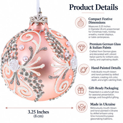 Snow Swirls on Metallic Rose Pink Glass Ball Christmas Ornament 3.25 Inches